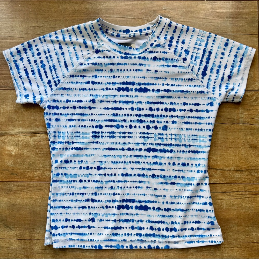 Eddie Bauer Blue Tie Dye Short Sleeve Rash Guard Swimsuit Size Medium 10/12